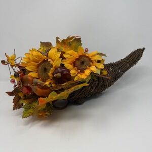 Vintage Harvest Cornucopia Sunflower Pumpkin Fall Autumn Thanksgiving Decor